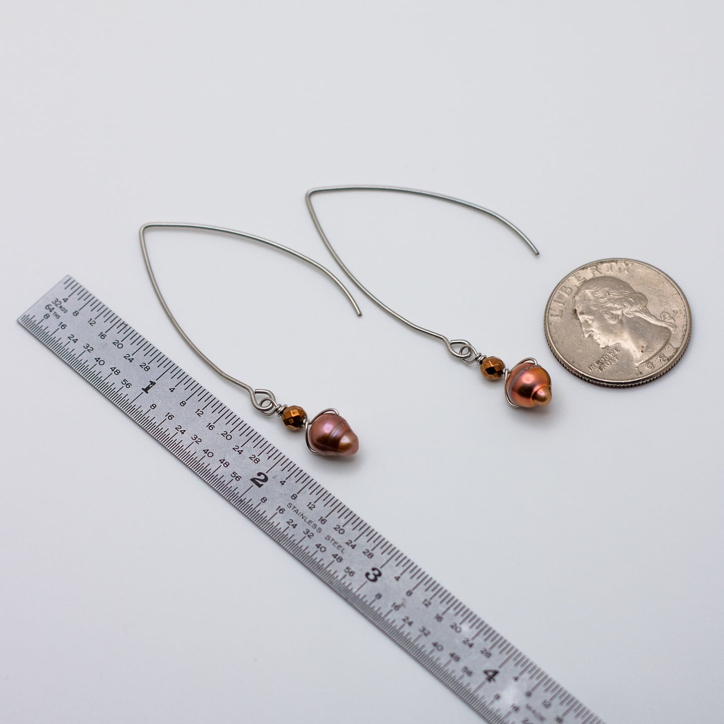 Rose Gold Freshwater Pearl and Bronzite Wire Threader Drop Earrings