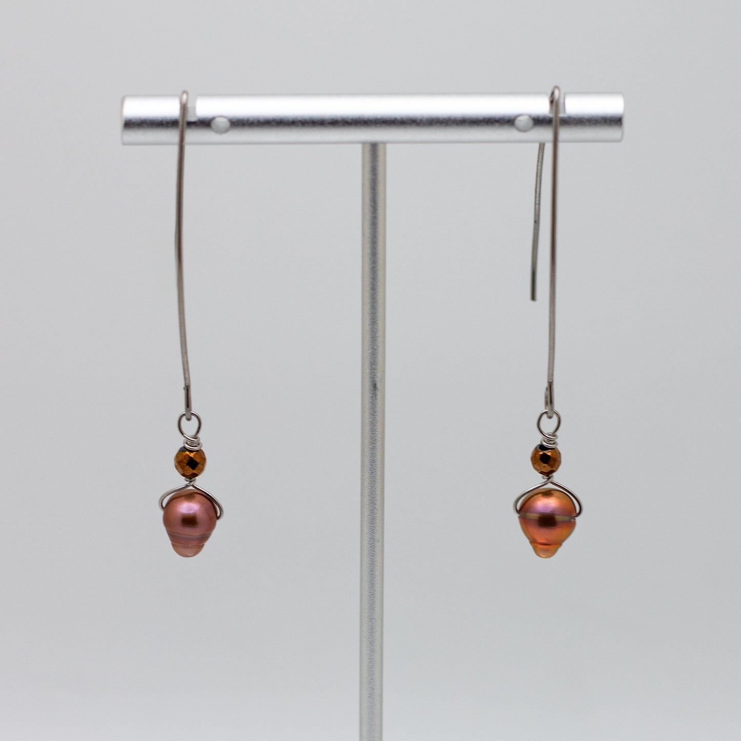 Rose Gold Freshwater Pearl and Bronzite Wire Threader Drop Earrings