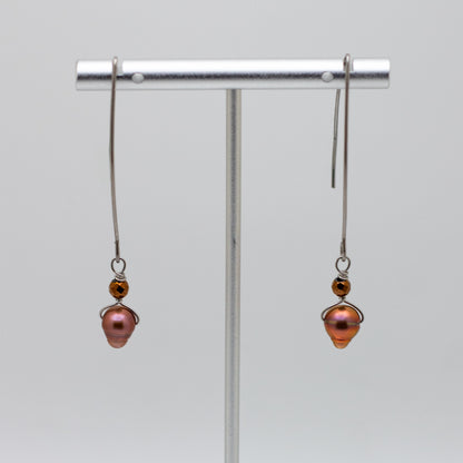 Rose Gold Freshwater Pearl and Bronzite Wire Threader Drop Earrings