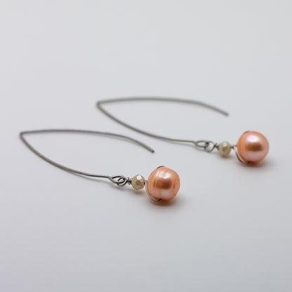 Peach Freshwater Pearl Wire Threader Earrings