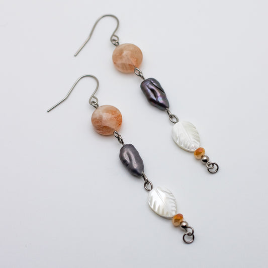 Sunstone, Lavender Keshi Pearl and Mother of Pearl Leaf Earrings