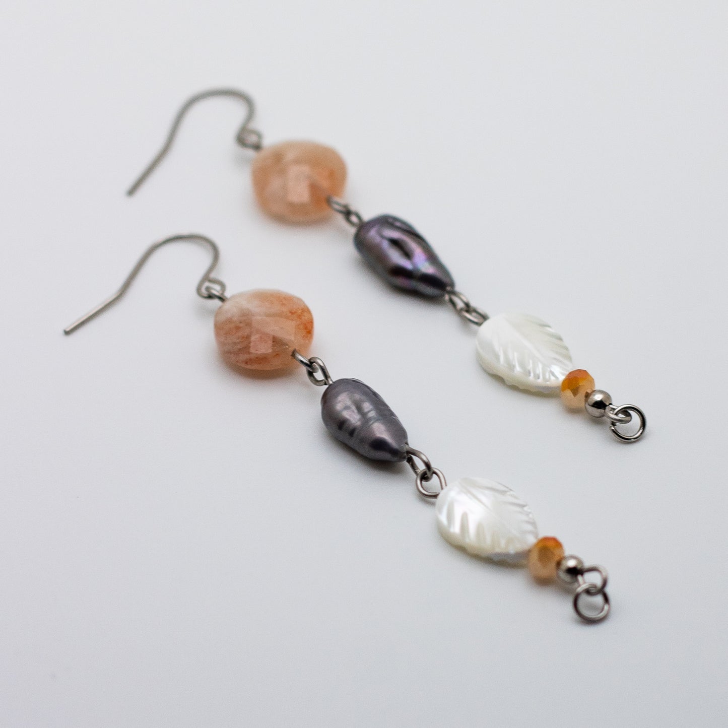 Sunstone, Lavender Keshi Pearl and Mother of Pearl Leaf Earrings