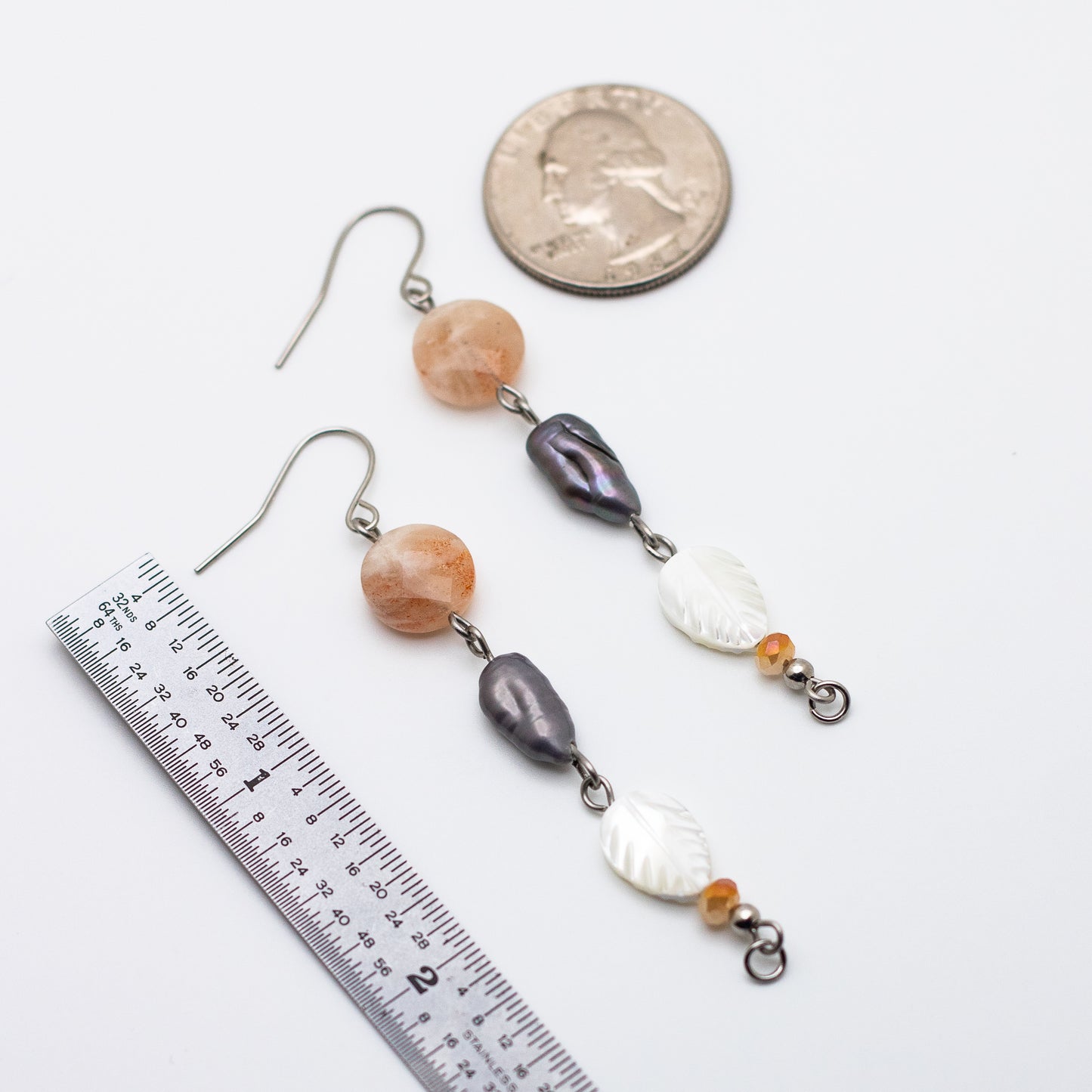 Sunstone, Lavender Keshi Pearl and Mother of Pearl Leaf Earrings