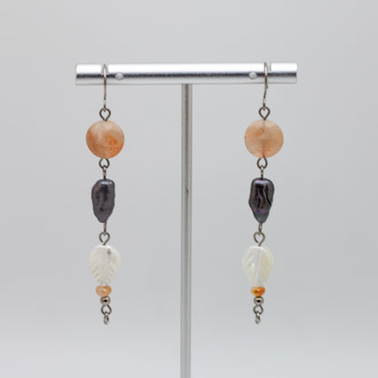 Sunstone, Lavender Keshi Pearl and Mother of Pearl Leaf Earrings