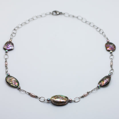 Abalone, Freshwater Pearl & Rainbow Hematite Necklace