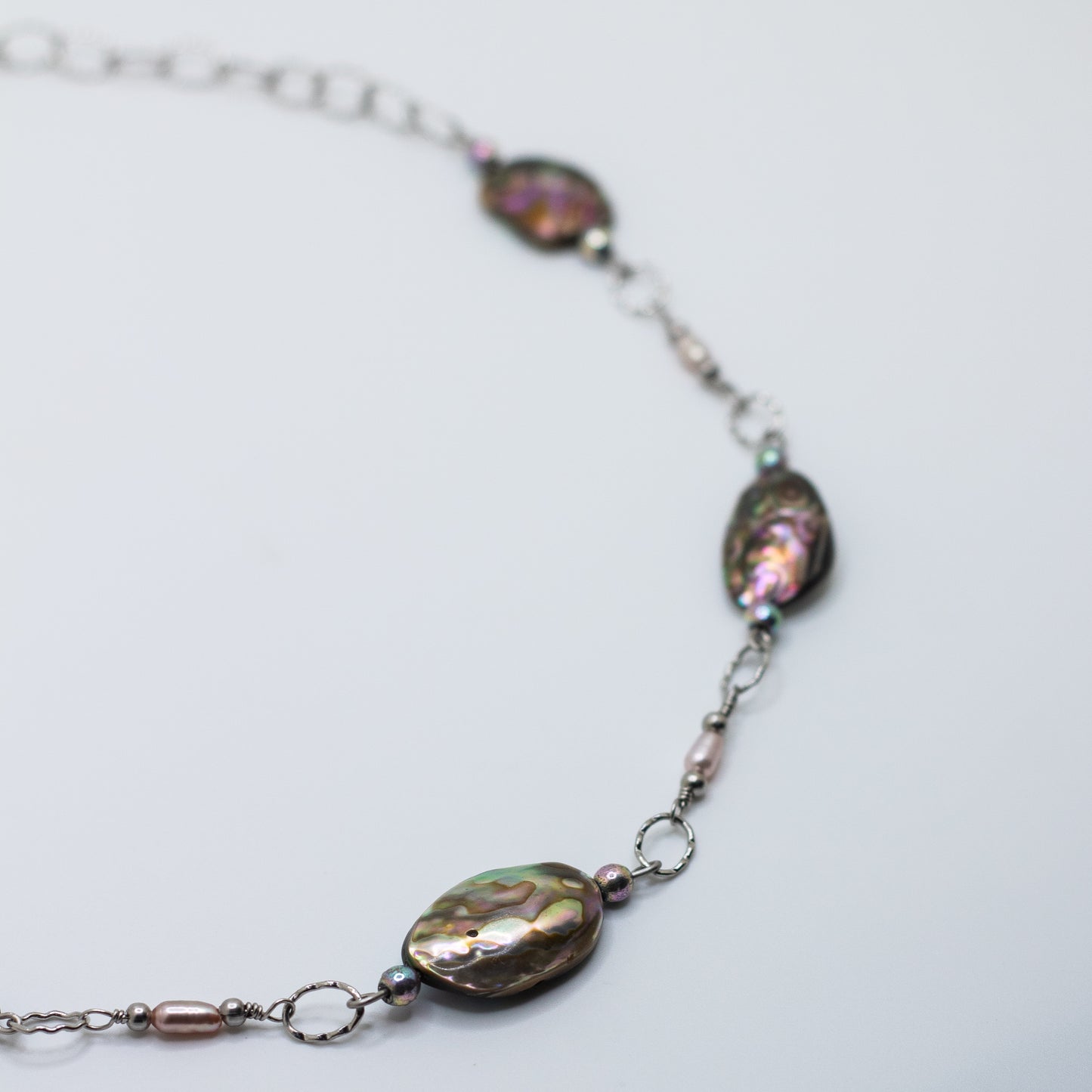 Abalone, Freshwater Pearl & Rainbow Hematite Necklace