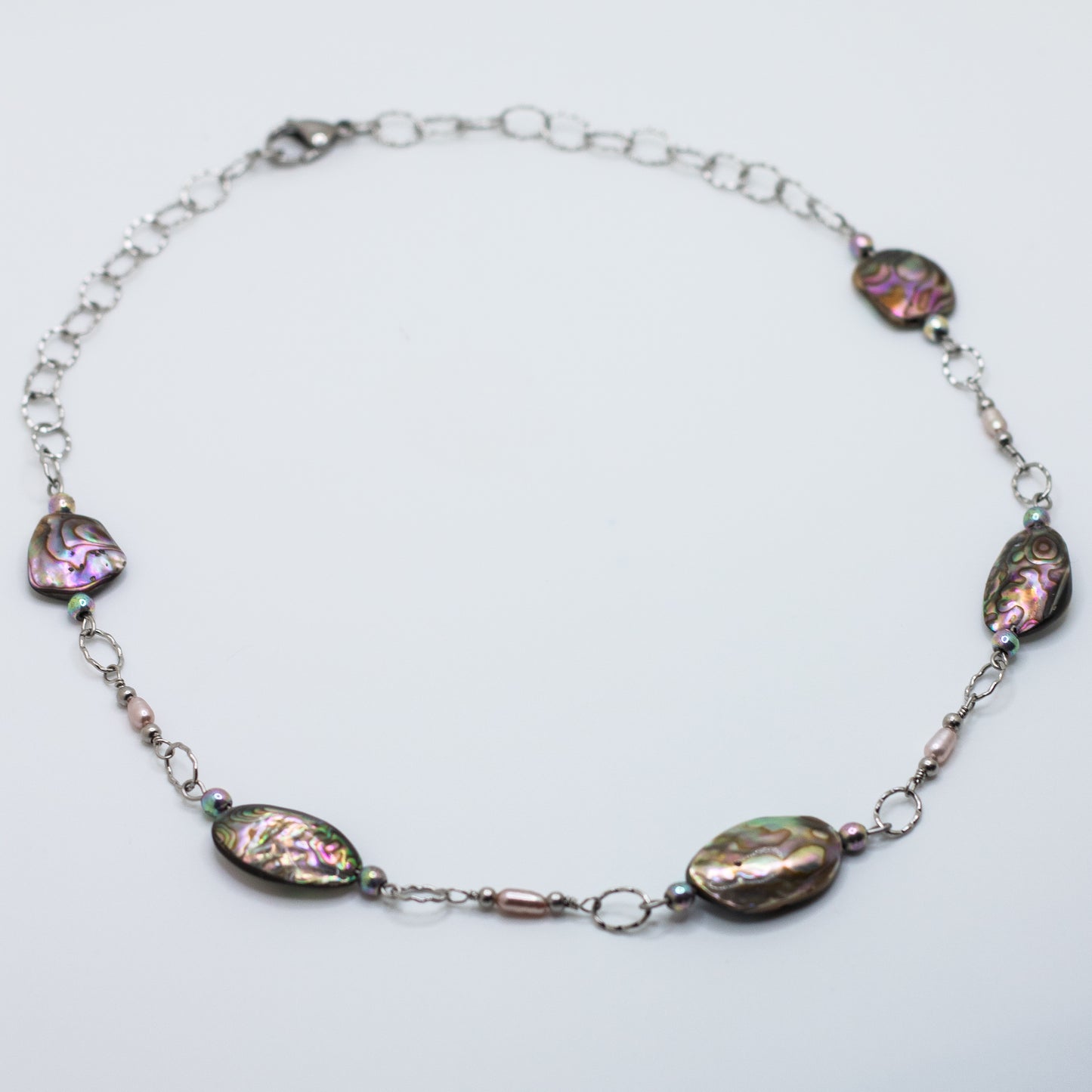 Abalone, Freshwater Pearl & Rainbow Hematite Necklace