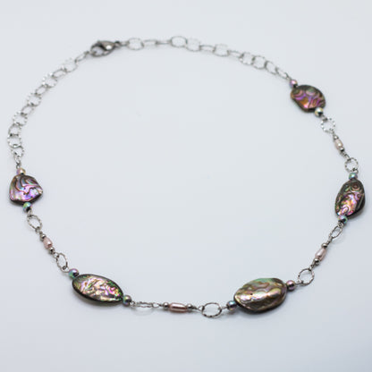 Abalone, Freshwater Pearl & Rainbow Hematite Necklace