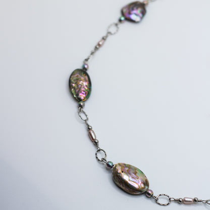 Abalone, Freshwater Pearl & Rainbow Hematite Necklace