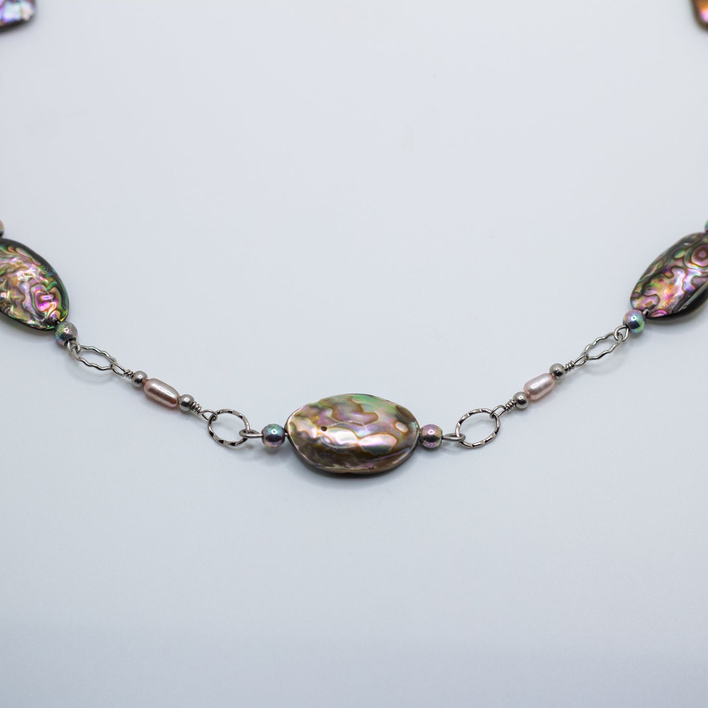 Abalone, Freshwater Pearl & Rainbow Hematite Necklace