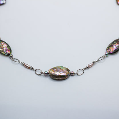 Abalone, Freshwater Pearl & Rainbow Hematite Necklace