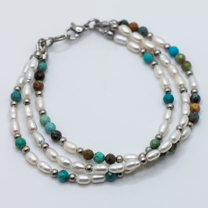 Triple Strand Freshwater Pearl & Turquoise Bracelet