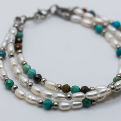 Triple Strand Freshwater Pearl & Turquoise Bracelet
