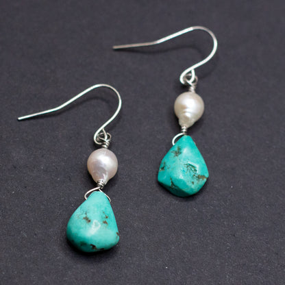 Turquoise & Freshwater Pearl Drop Earrings
