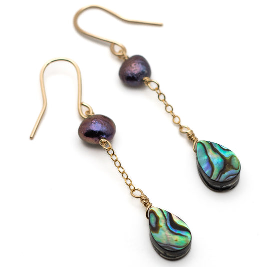 Abalone & Black Pearl Earrings (14K Gold Filled)