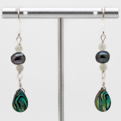 Abalone, Black Pearl & Moonstone Earrings (Sterling Silver)