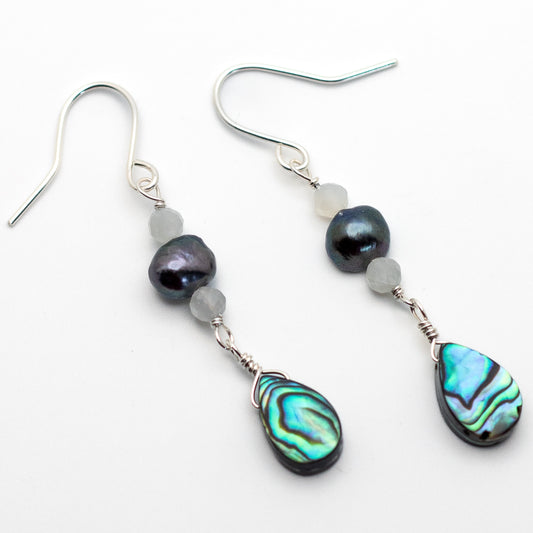 Abalone, Black Pearl & Moonstone Earrings (Sterling Silver)