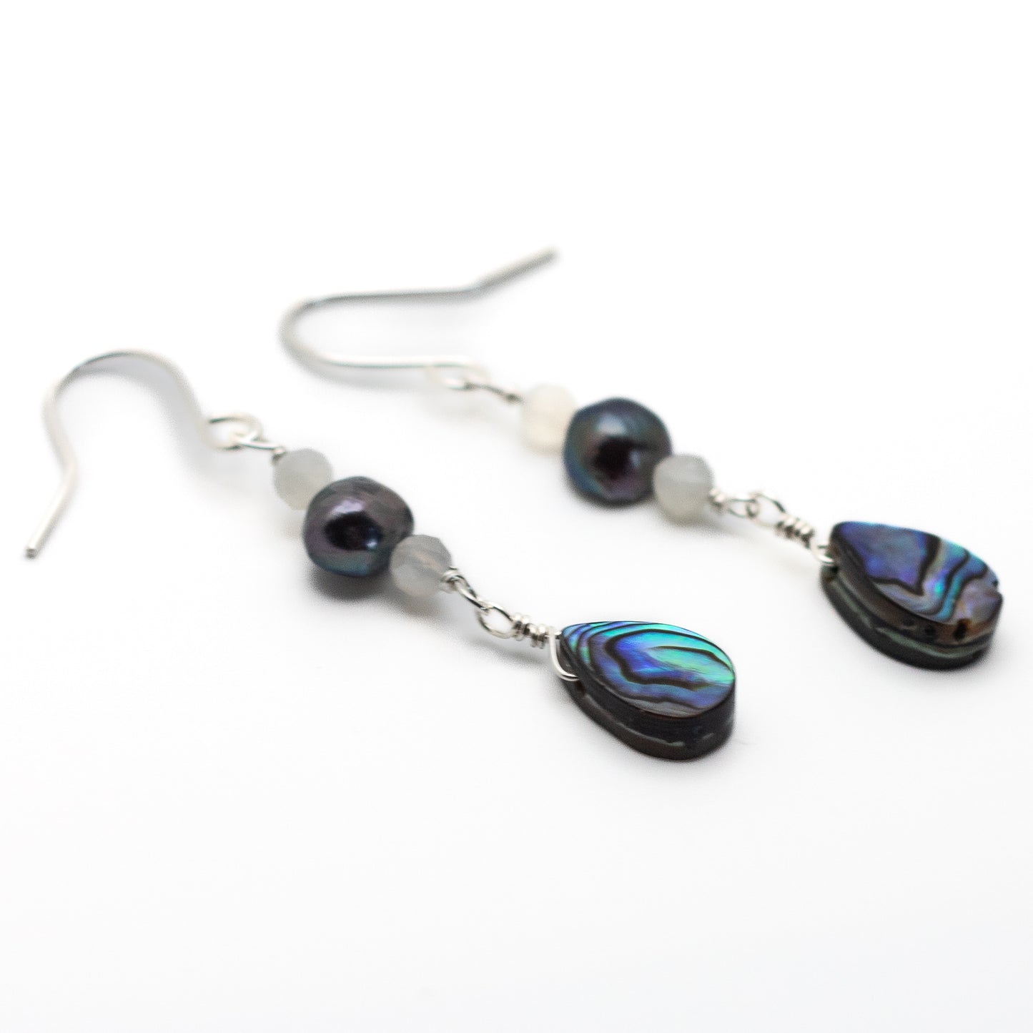 Abalone, Black Pearl & Moonstone Earrings (Sterling Silver)