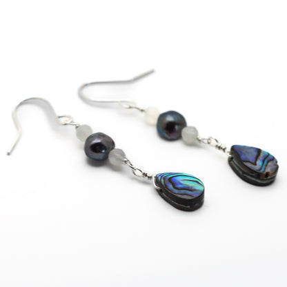 Abalone, Black Pearl & Moonstone Earrings (Sterling Silver)