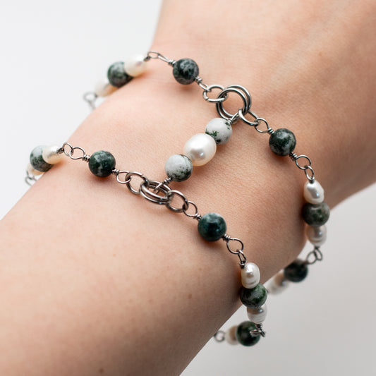 Tree Agate & Pearl Layered Bracelet