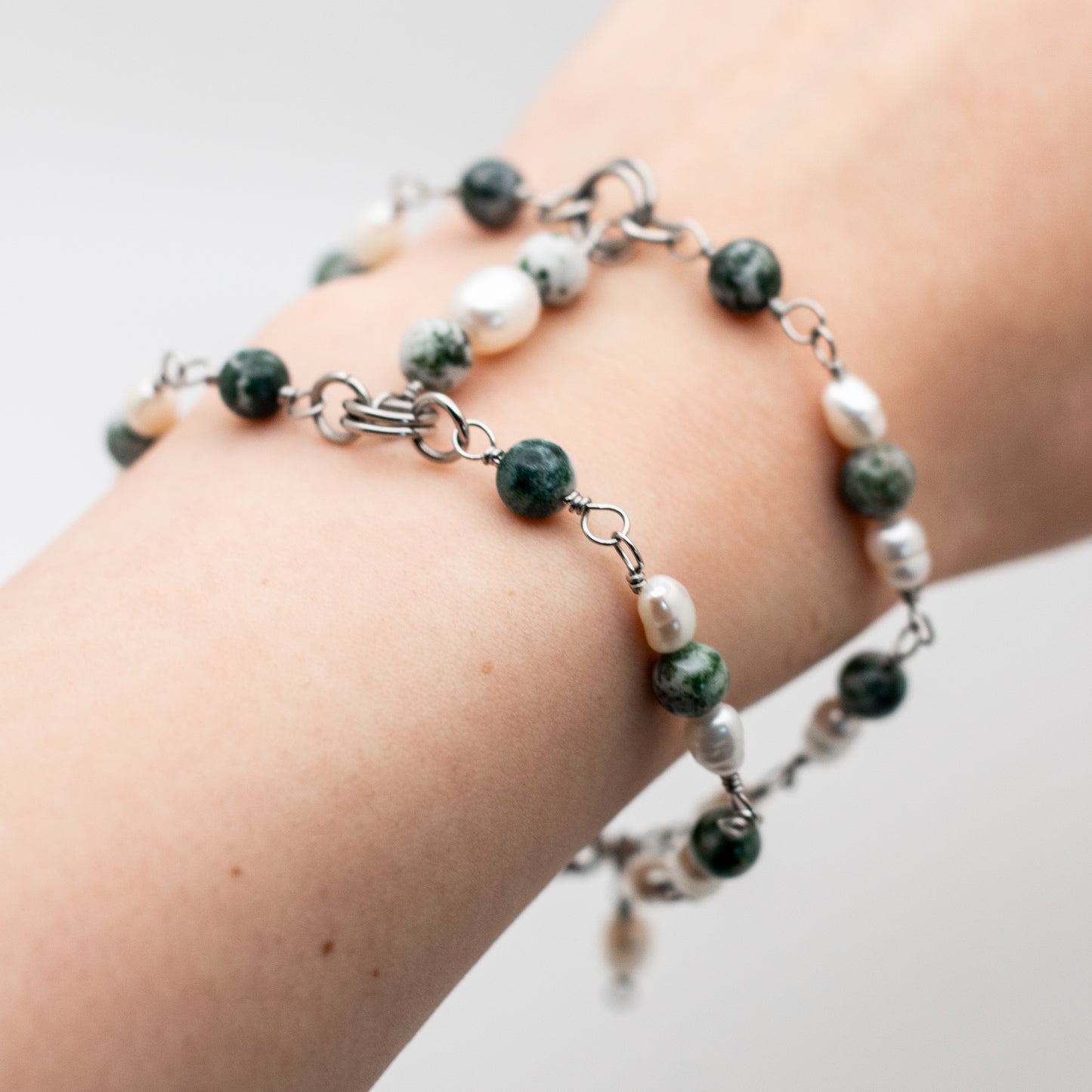 Tree Agate & Pearl Layered Bracelet