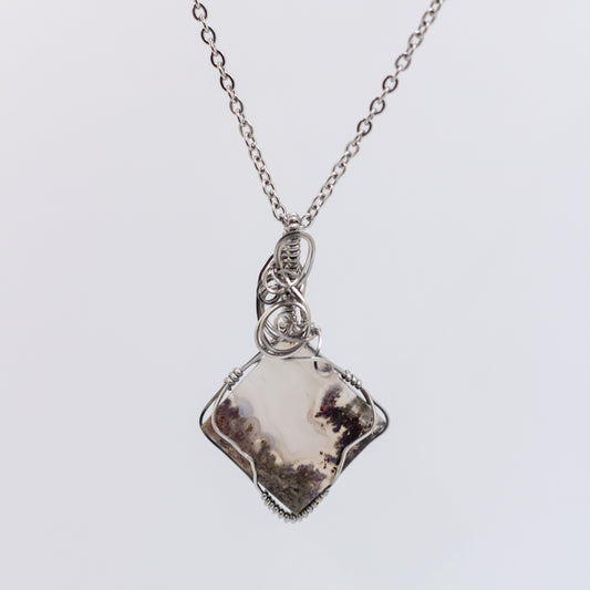 Dendritic Agate Diamond Wire Wrap Necklace