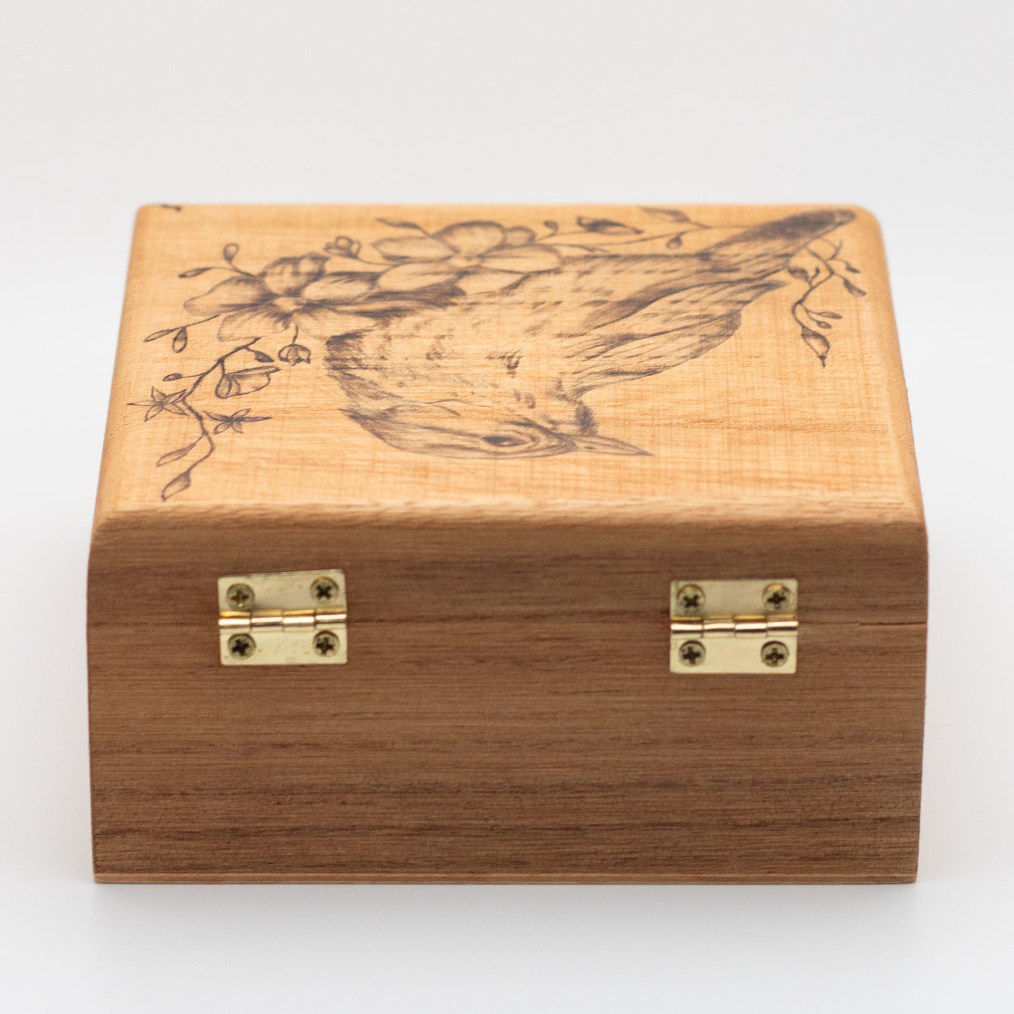 Bird with Jasmine Floral Nature Design Wooden Keepsake Box (Hand-Burned)