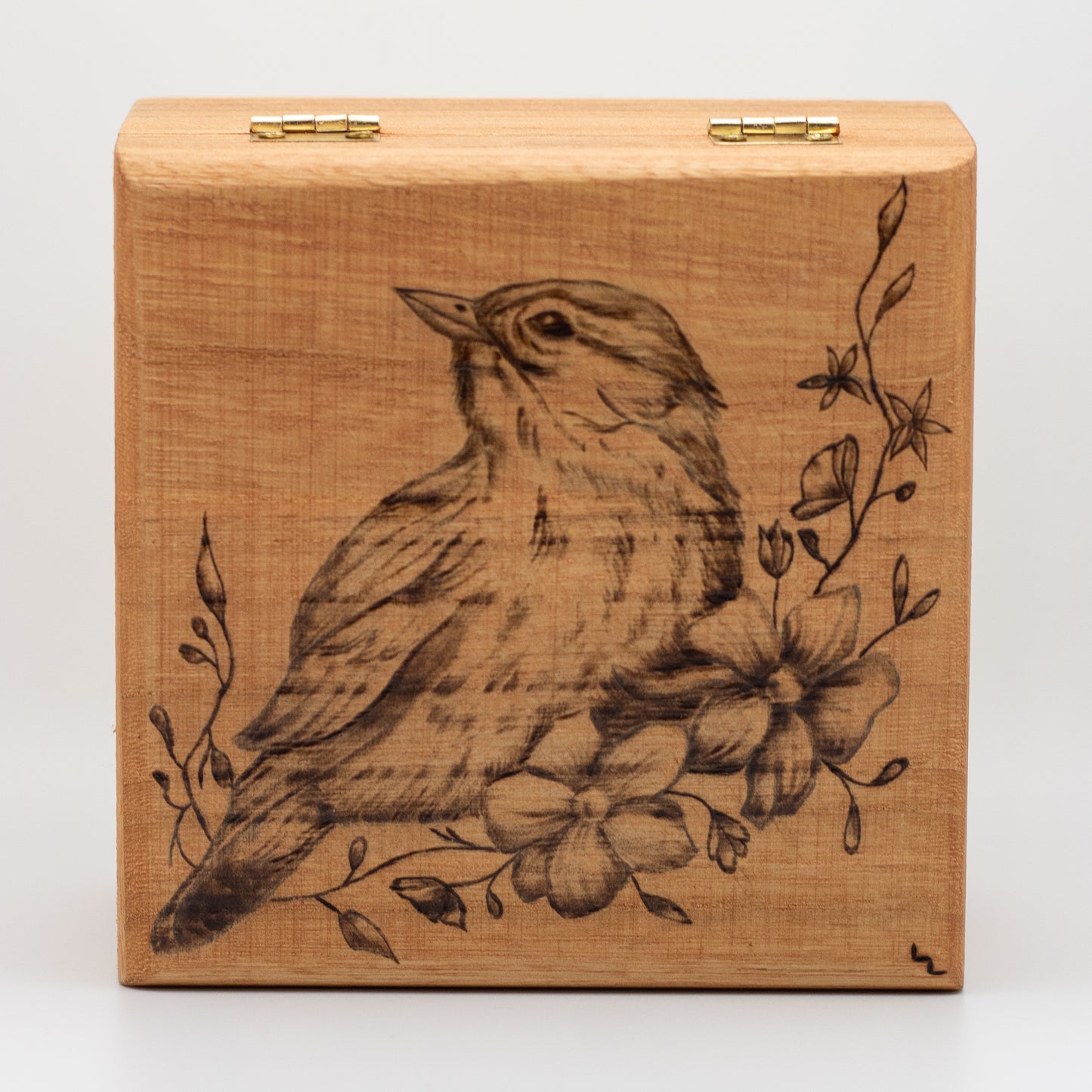Bird with Jasmine Floral Nature Design Wooden Keepsake Box (Hand-Burned)
