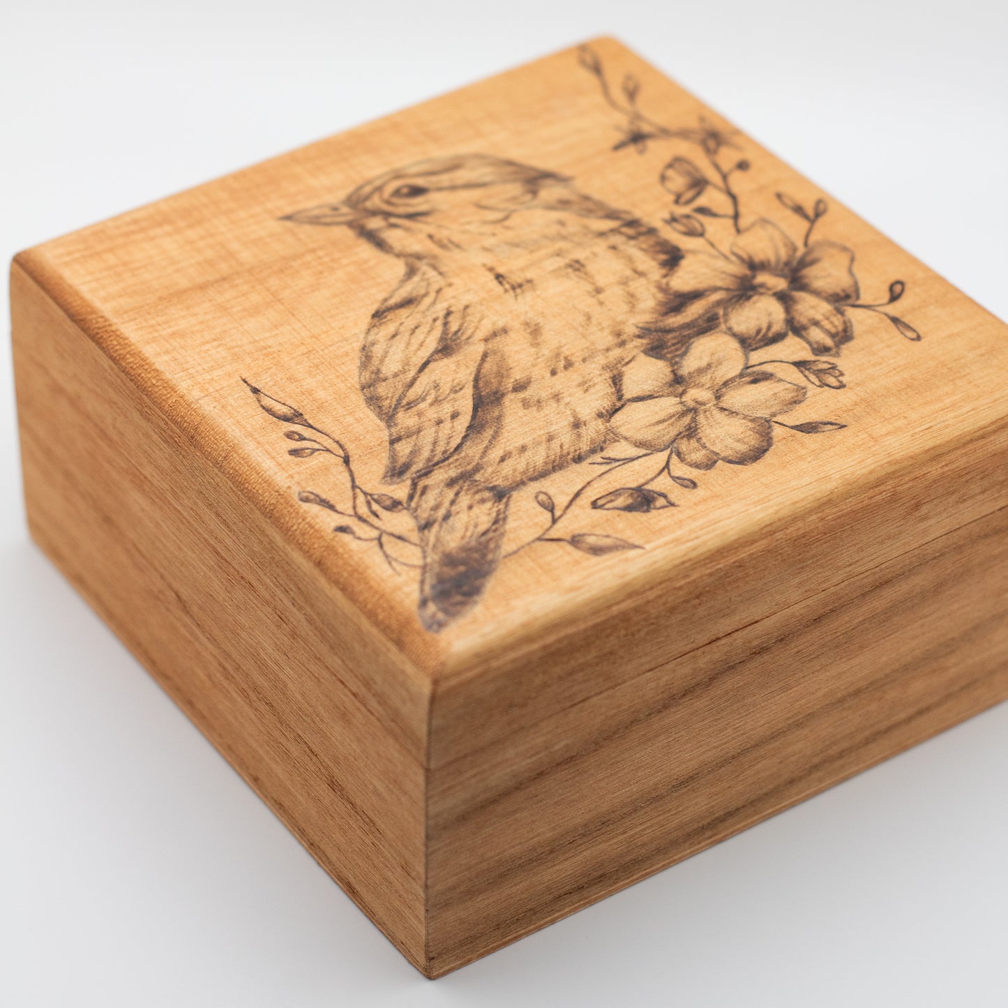 Bird with Jasmine Floral Nature Design Wooden Keepsake Box (Hand-Burned)