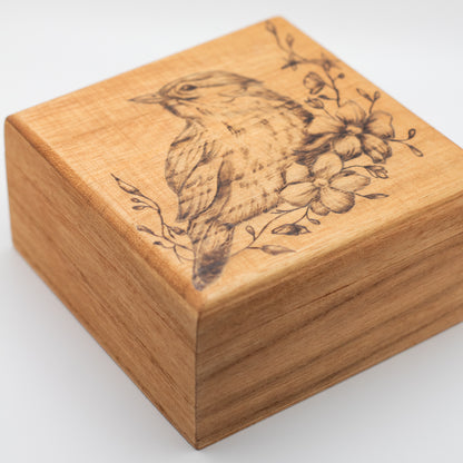 Bird with Jasmine Floral Nature Design Wooden Keepsake Box (Hand-Burned)