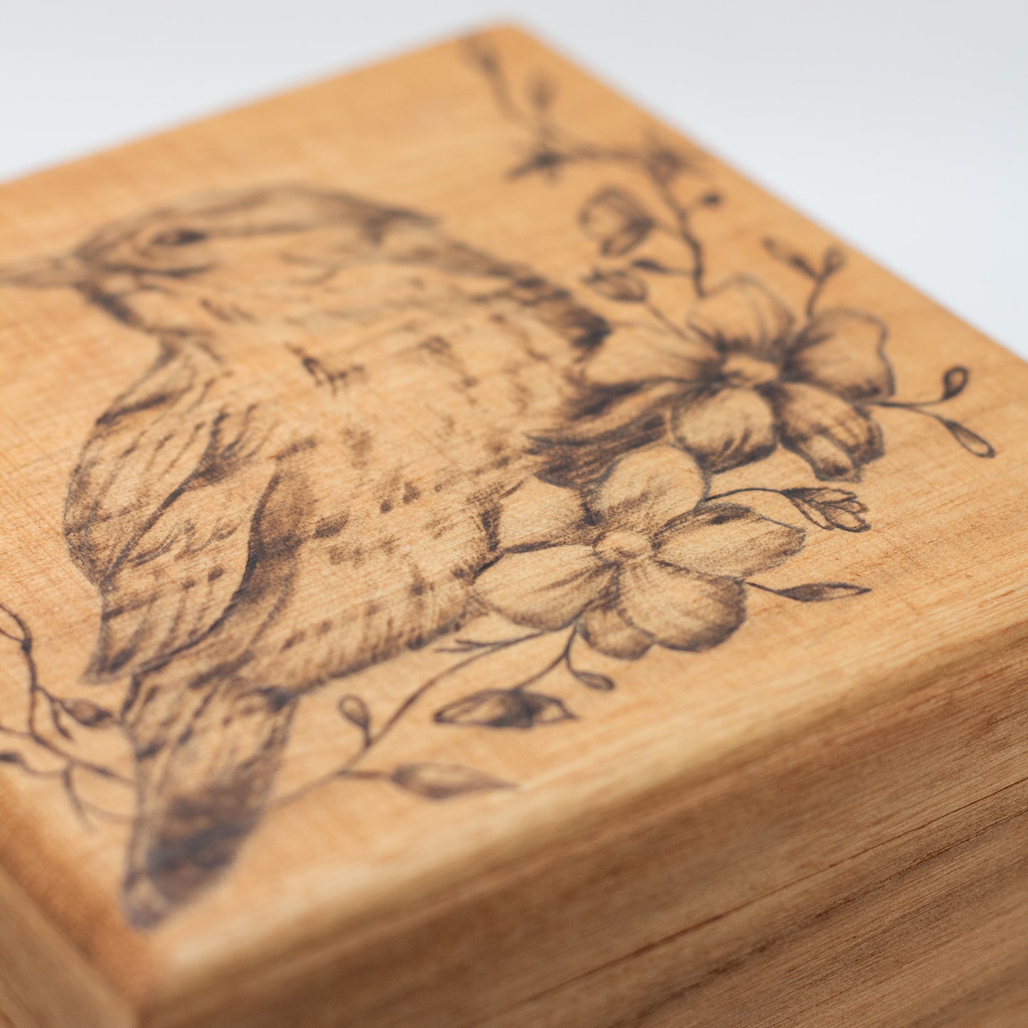 Bird with Jasmine Floral Nature Design Wooden Keepsake Box (Hand-Burned)