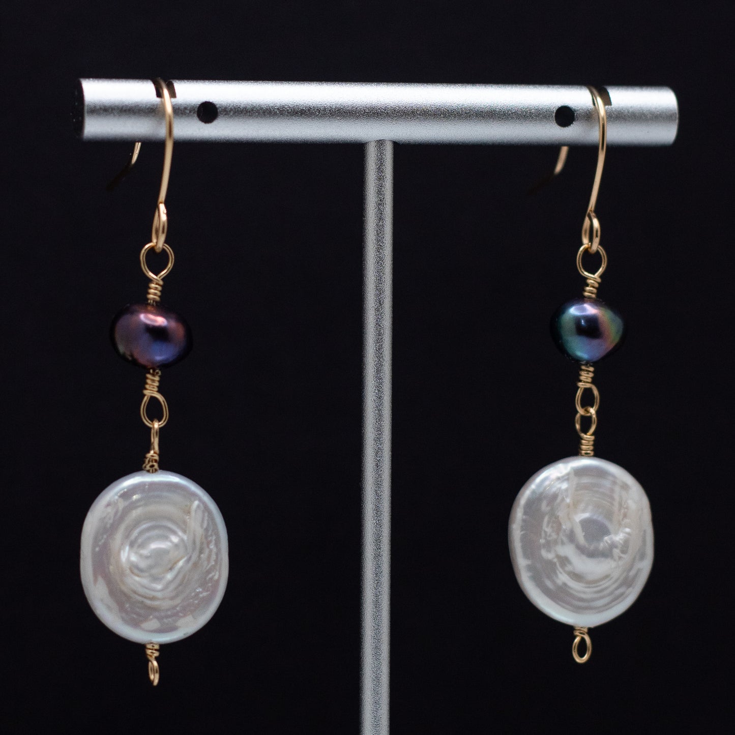 Coin & Black Freshwater Pearl Earrings (14K Gold Filled)