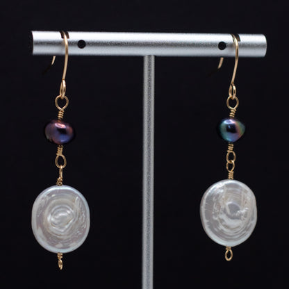 Coin & Black Freshwater Pearl Earrings (14K Gold Filled)