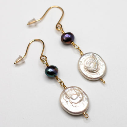 Coin & Black Freshwater Pearl Earrings (14K Gold Filled)
