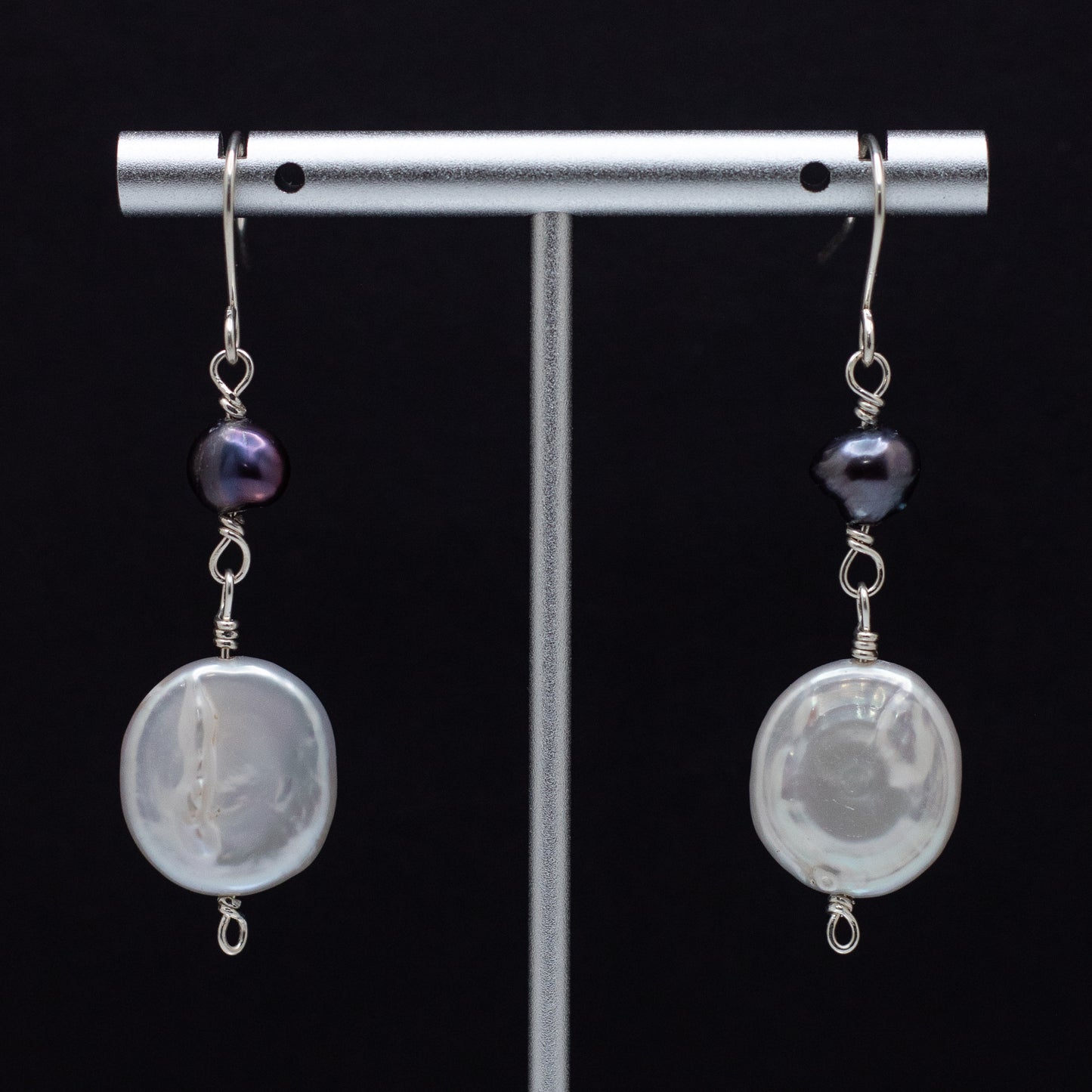 Coin & Black Freshwater Pearl Earrings (Sterling Silver)