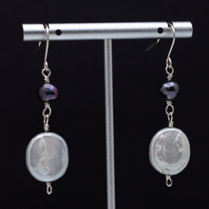 Coin & Black Freshwater Pearl Earrings (Sterling Silver)
