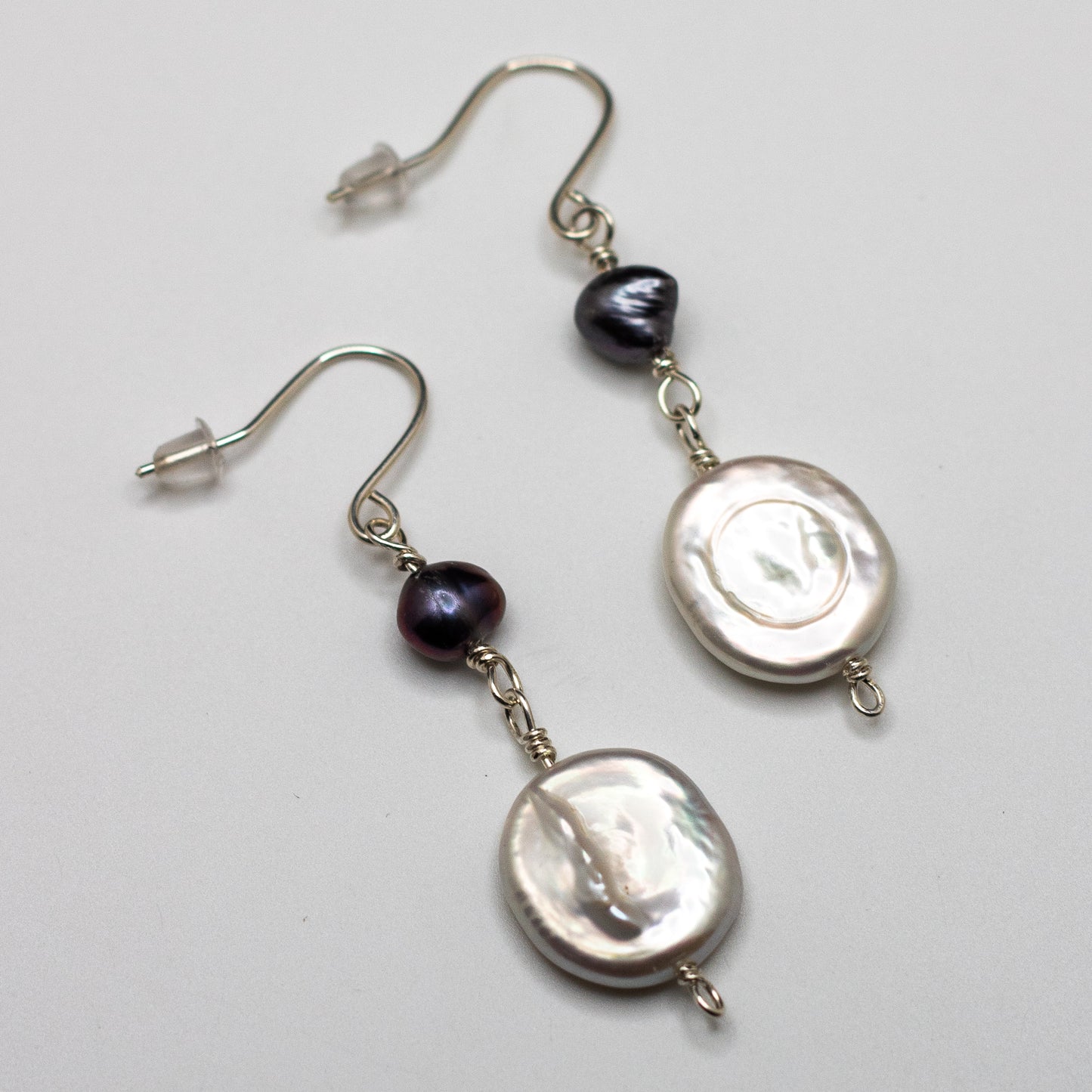 Coin & Black Freshwater Pearl Earrings (Sterling Silver)