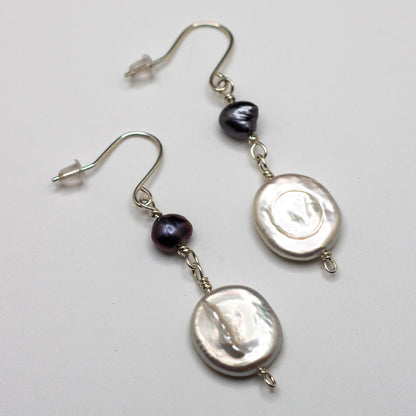Coin & Black Freshwater Pearl Earrings (Sterling Silver)
