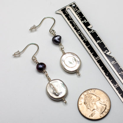 Coin & Black Freshwater Pearl Earrings (Sterling Silver)