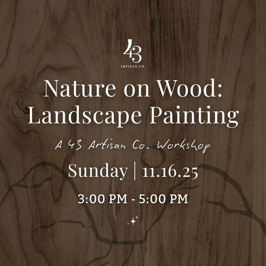 Promotional flyer for a landscape painting workshop on wood with event details.